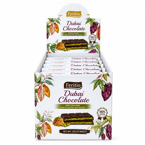 Feritio Dubai Chocolate W/Pistachio Bars. 80 g