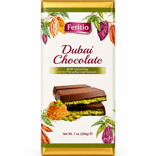 . Feritio Dubai Chocolate W/Pistachio Bars. 200 g