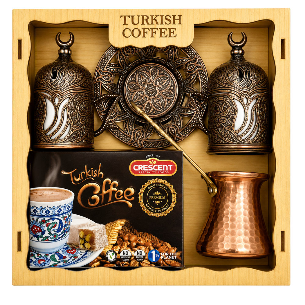 Crescent Turkish Coffee With 2 Coffee Cups,2 Zamak Sleeves For Coffee Cup &1 Coffee Pot In Wood Box